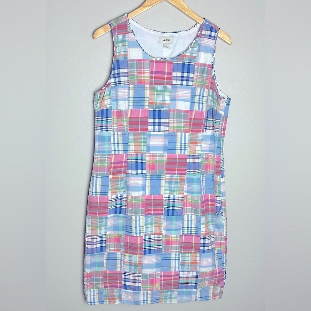 Vintage LL Bean Kennebunkport Madras Pink Blue Plaid Patchwork Dress Size 10